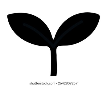 Simple black silhouette of young plant with two leaves, isolated on white background, graphic illustration. concept of growth, nature, seedling, organic, eco-friendly design element.