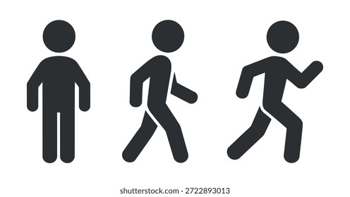 Silhuetas pretas simples retratam três figuras humanas em diferentes estágios de movimento de caminhada ou corrida representando movimento e atividade