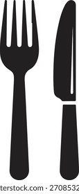 Simple Black Silhouettes of a Fork and Knife Representing Dining or Eating Concepts on a White Background with a Clean and Minimalist Design