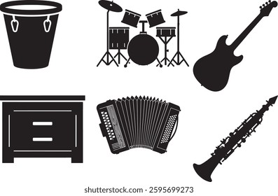 Simple black silhouettes of musical instruments xylophone violin and glockenspiel art icon white