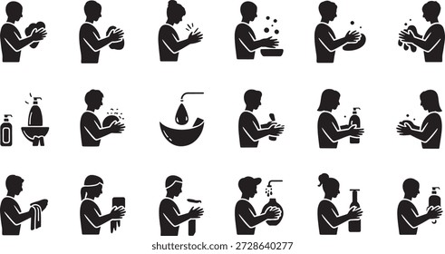 Silhuetas pretas simples em fundo branco ilustram vários passos de higiene das mãos, incluindo lavar com água e sabão e usar desinfetante para promover a limpeza e a saúde.