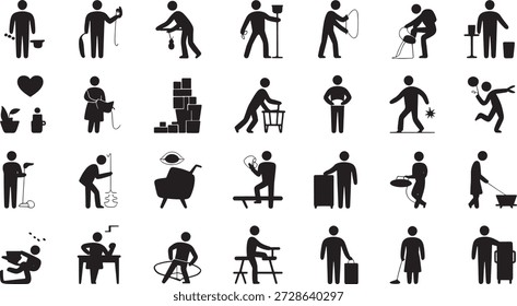 Simple black silhouettes of people performing various activities and professions are arranged on a white background creating a visually appealing and modern graphic design element.