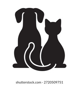 Siluetas negras simples de un perro sentado y un gato curioso lado a lado