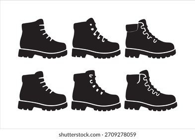 Silhuetas pretas simples apresentam botas de caminhada de vários ângulos, uma coleção de calçados elegantes.