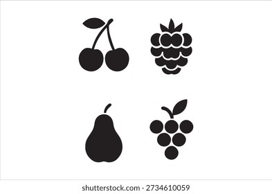 Las siluetas negras simples muestran varias frutas como cerezas, frambuesas, peras y uvas.