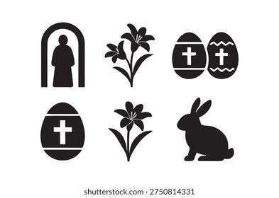 Simple black silhouettes showcasing classic Easter imagery with eggs, lilies and a bunny.