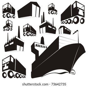 Simple black silhouettes or stamp images of logistics, supply chain items (warehouse, factory, container ship, truck, van)- cartoon vector outline / silhouette illustration set