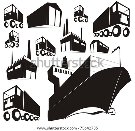 Simple black silhouettes or stamp images of logistics, supply chain items (warehouse, factory, container ship, truck, van)- cartoon vector outline / silhouette illustration set