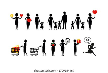 
Simple black silhouettes standing and holding signs. Family love, allowance, shopping. Happy relations of husband, wife and their children. People and heart, coin and house symbol illustrations. 