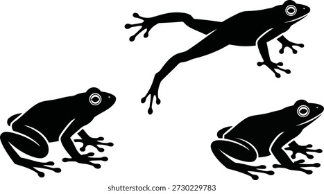Simple black silhouettes of three frogs, one captured mid jump and two in a seated position on a clean white field.