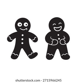 Silhuetas pretas simples de dois homens de gengibre, cada um com um rosto sorridente e detalhes de botão.