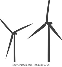 Simple black silhouettes wind turbines. Wind towers with vanes for producing renewable alternative natural energy isolated on white background. Vector illustration