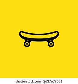 A simple black skateboard illustration is set against a bright yellow background, ideal for use in graphic design.