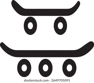 Icono de Vector de monopatín negro simple con ruedas visibles y diseño plano limpio. Cuenta con una silueta de cubierta elegante y detalles de la rueda. Ideal para App deportivos, tiendas de skate, logotipos y uñas de Vector minimalistas