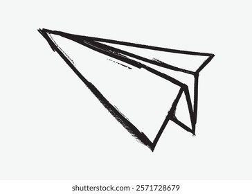 Simple black sketch of a paper airplane. Minimalist design of a paper plane. Hand-drawn style, emphasizing simplicity and creativity. Simple isolated black line art doodle vector.