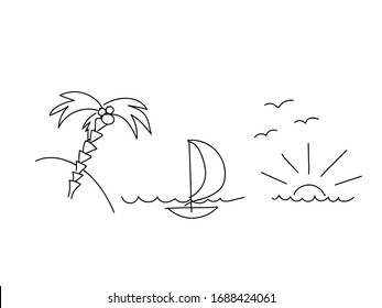Einfache schwarze Skizze Urlaub. Vektorillustration. Panoramasicht auf den Strand