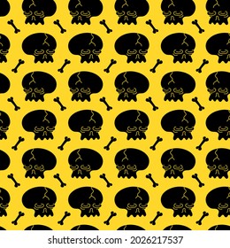 Simple black skull and bones seamless pattern on yellow background. Vector hand drawn doodle cartoon character illustration. Trendy skull and bonesprint for t-shirt, poster seamless pattern concept
