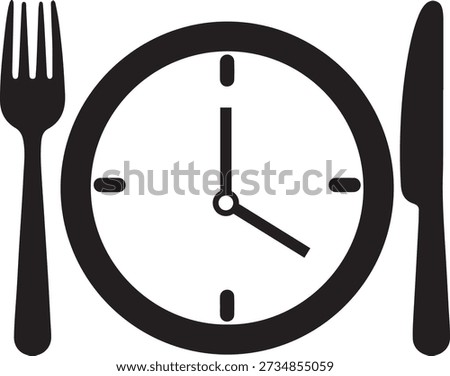 Simple black solid vector icon showing plate with clock, fork and knife, representing meal time, dining schedule, and food timing.