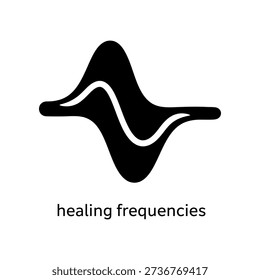 Simple black sound wave icon on white background with healing frequencies text, symbolizing sound healing and therapy