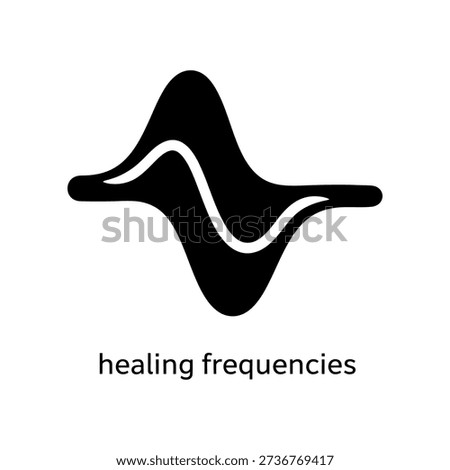 Simple black sound wave icon on white background with healing frequencies text, symbolizing sound healing and therapy