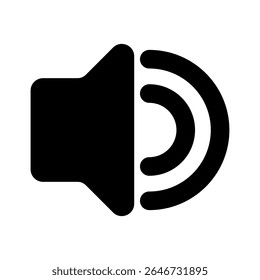 Simple black speaker icon with a curved sound wave emanating from it. Represents audio output, volume, or notifications in a clean and modern style suitable for user interfaces and digital platforms