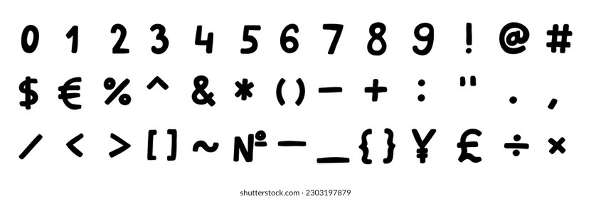 Simple black special mathematical and other symbols and signs font 0 to 9. Vector illustration in hand drawn cartoon doodle style isolated on white background. For logo, card, learning, sales.
