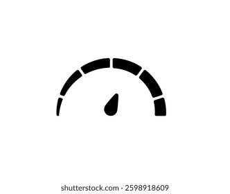 Simple black speedometer icon with a needle indicating a moderate speed level on a white backdrop.