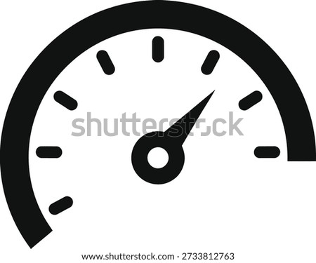 A simple black speedometer icon with a needle pointing to the right, featuring a clean design with short lines marking intervals, isolated on a pure white background