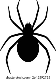 A simple black spider silhouette with eight legs is isolated on a white background. This simple shape is ideal for Halloween decoration graphics and vectors.