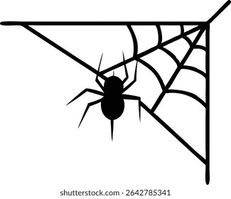 Simple black spider silhouette in its web, illustrated against a white background. A corner web design for simple graphic design needs, perfect for Halloween.