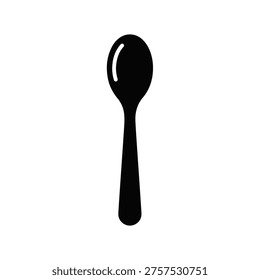 A simple black spoon with a rounded bowl and long handle on a plain white background