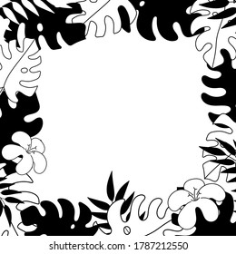 Simple black square frame with monstera leaves. Floral ornament, silhouette of leaves on a white background.Wedding decor, engraving, tropical plants.Vector illustration isolated