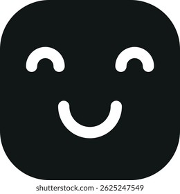 Simple black square icon featuring a smiling face with closed eyes and a curved mouth, representing happiness or contentment.