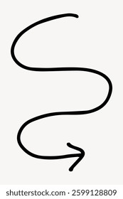 Simple black squiggly arrow on a white background, curving in an S-shape. The squiggly arrow points downward, adding a playful element to the design. Doodle illustration vector.