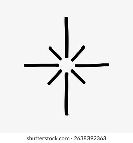 Simple black star symbol with eight lines radiating from the center. Minimalist star design, black star lines on a white background, creating a star shape. Starburst illustration vector.