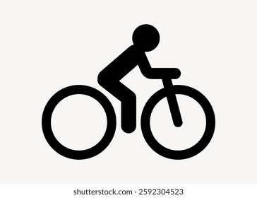 Simple black stick figure icon of a person riding a bicycle. Minimalist bicycle design with cyclist in motion. Bicycle icon for cycling themes. User interface icon vector.