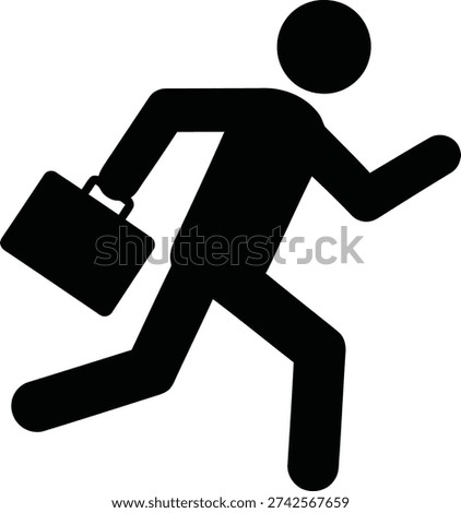 A simple black stick figure illustration of a person hurrying to work or a meeting with a briefcase
