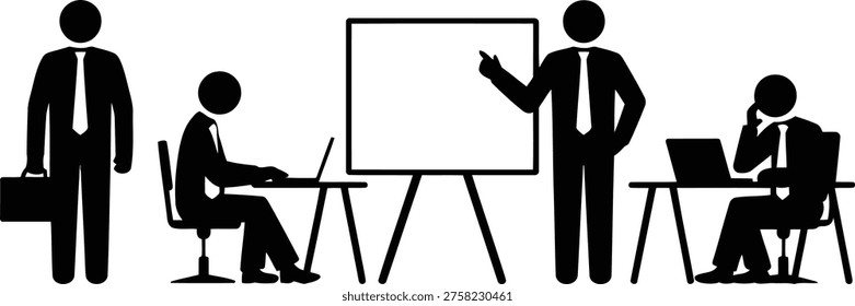 Simple black stick figures show different business roles like carrying a briefcase, working on a computer, presenting, and communicating by phone.