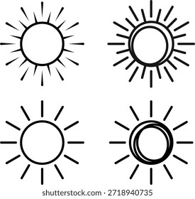 Icono de sol de trazo negro simple establecido en fondo transparente. Ilustración vectorial
