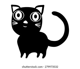 Simple black stylized cat with big eyes isolated on white
