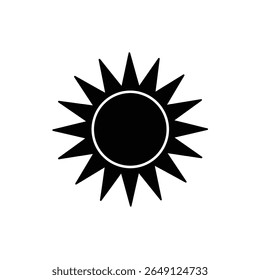 A simple black sun icon on a white background The sun is depicted with sharp rays and a solid black circle. The style is minimalist and graphic