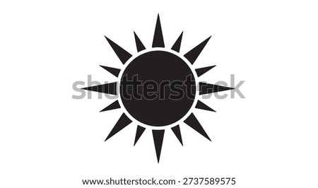 Simple black sun icon on white background, symbolizing sunshine and warmth.