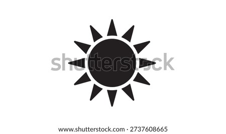 Simple black sun icon on white background, symbolizing sunshine and warmth.