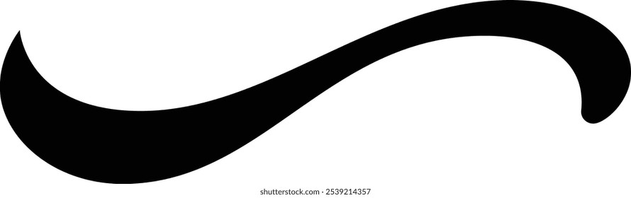 Einfaches schwarzes Swoosh-Designelement mit gekrümmten fließenden Linien, das einer gekrümmten Straße oder einem gekrümmten Band ähnelt, einzeln auf weißem Hintergrund