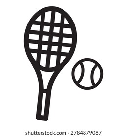 A simple black tennis racket and ball icon, isolated on white background, perfect for sports and recreation designs