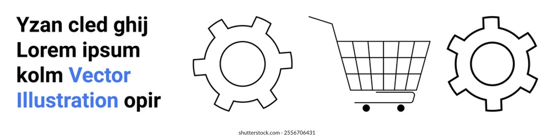 Simple black text on left, outlined gears and shopping cart in the center. Ideal for e-commerce, mechanics, technology, retail, user interface designs. Landing page