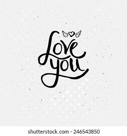 Simple Black Texts for Love You Concept with Winged Heart on Dotted Off White Background.