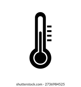 Simple black thermometer icon on white background indicating high temperature with rising mercury level.