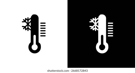Simples ícone de termômetro preto com floco de neve, indicando temperatura fria. Isolado em fundos brancos e pretos.