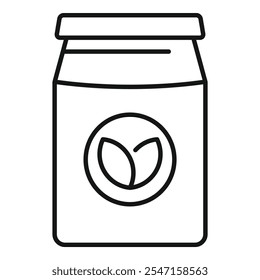 Simple black thin line icon for eco jar with green leaves sign for organic bio product packaging